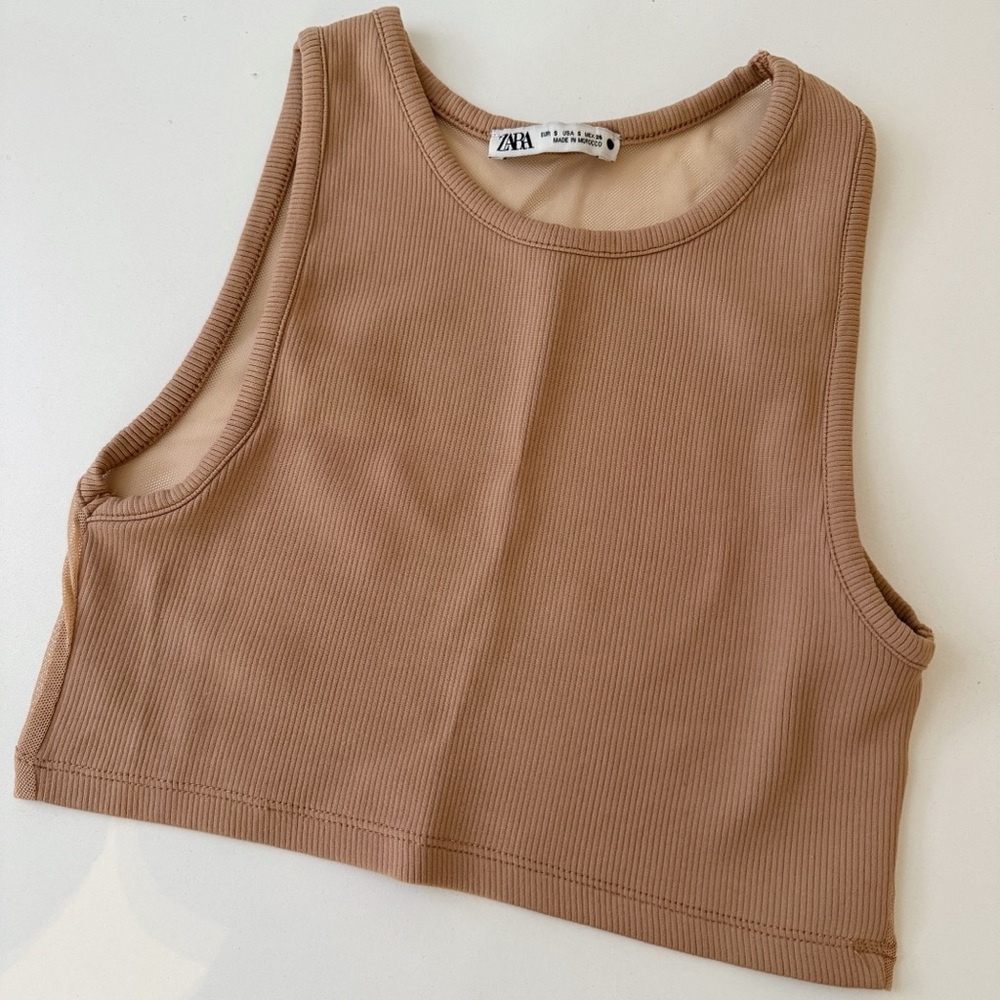 Zara Ribbed Cropped Tank Top — Light Brown